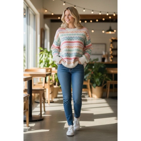 American Eagle Outfitters Sweaters - American Eagle Womens Crew Neck Knit Sweater Multi Color Zigzag Print NWT XL